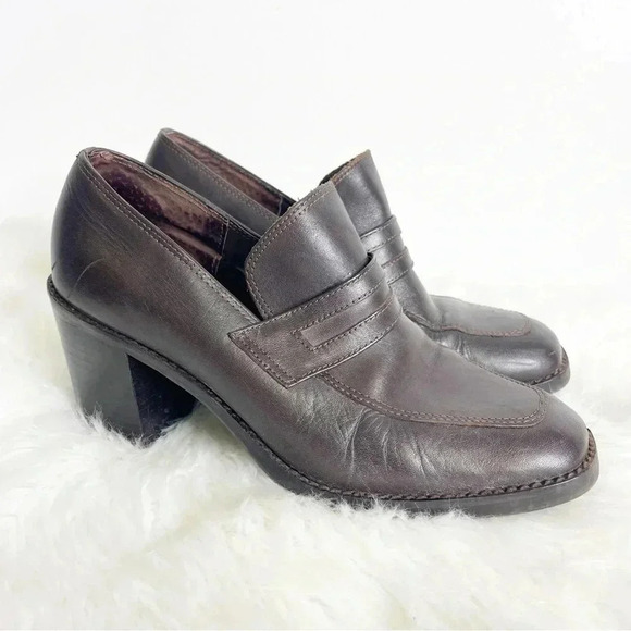 Steve Madden Brown Leather Penny Loafer Heel Shoes y2k Size 8.5 - Picture 9 of 9